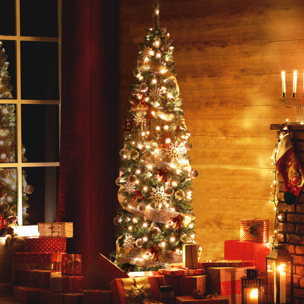 VEIKOUS 6.5ft Pre-lit Pencil Christmas Tree Slim w/250 LED Lights & Metal Stand, Green