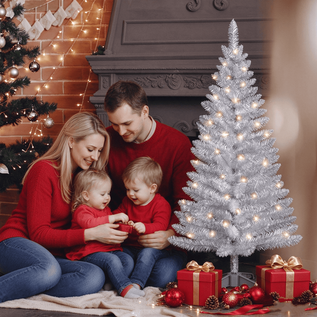Cowin 4ft Artificial Christmas Tree,Pre-lit Tinsel Pine Spruce Tree, Small Xmas Tree for Home, Office and Party,White
