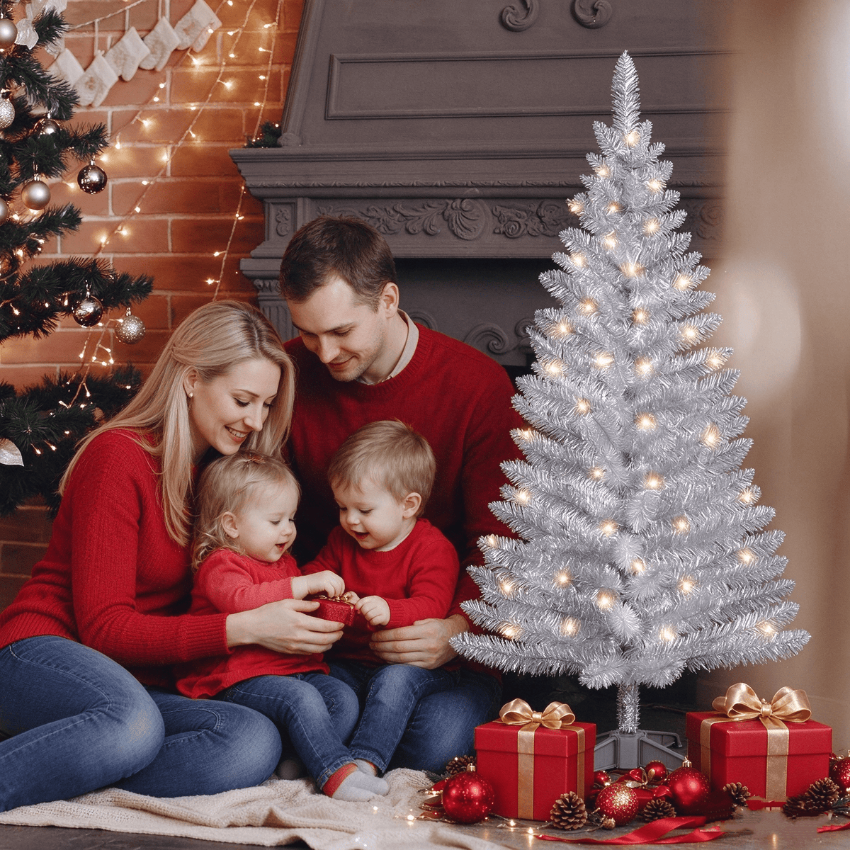 Cowin 4ft Artificial Christmas Tree,Pre-lit Tinsel Pine Spruce Tree, Small Xmas Tree for Home, Office and Party,White