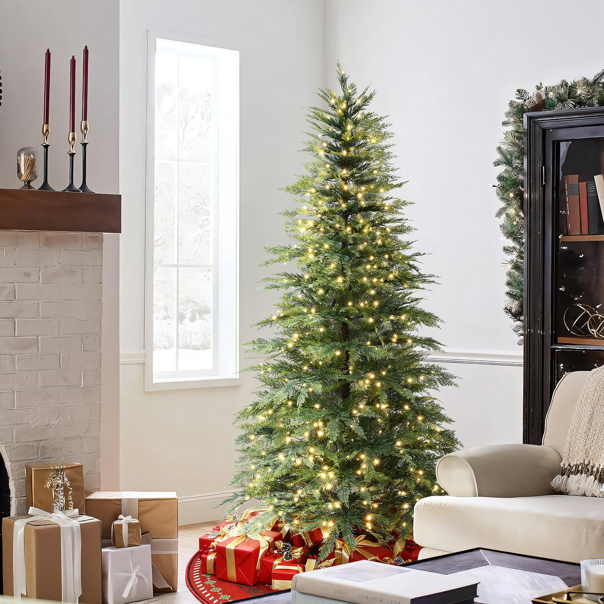 LuxenHome 6.5Ft Pre-Lit Green Cypress Artificial Christmas Tree with Metal Stand