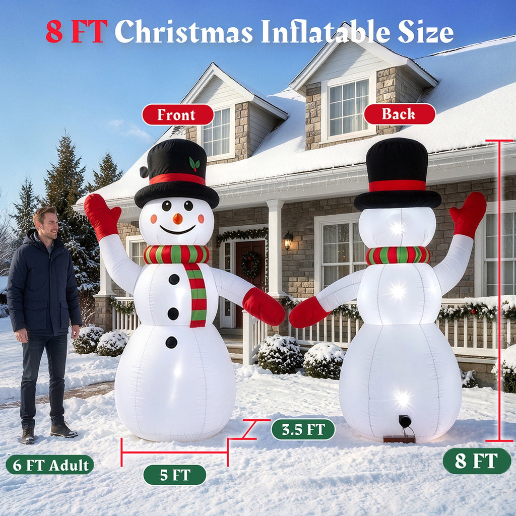 8 ft Christmas Snowman Inflatable with LED Lights, Blow up Outdoor Yard Lawn Decoration for Holiday Decor