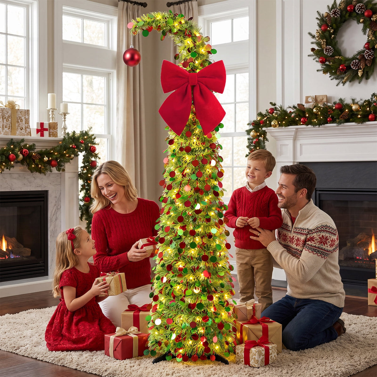 Ayieyill Christmas Tree 5FT Pencil Christmas Tree, Collapsible Pop up Tinsel Tree for Christmas Decorations Indoor, Pink