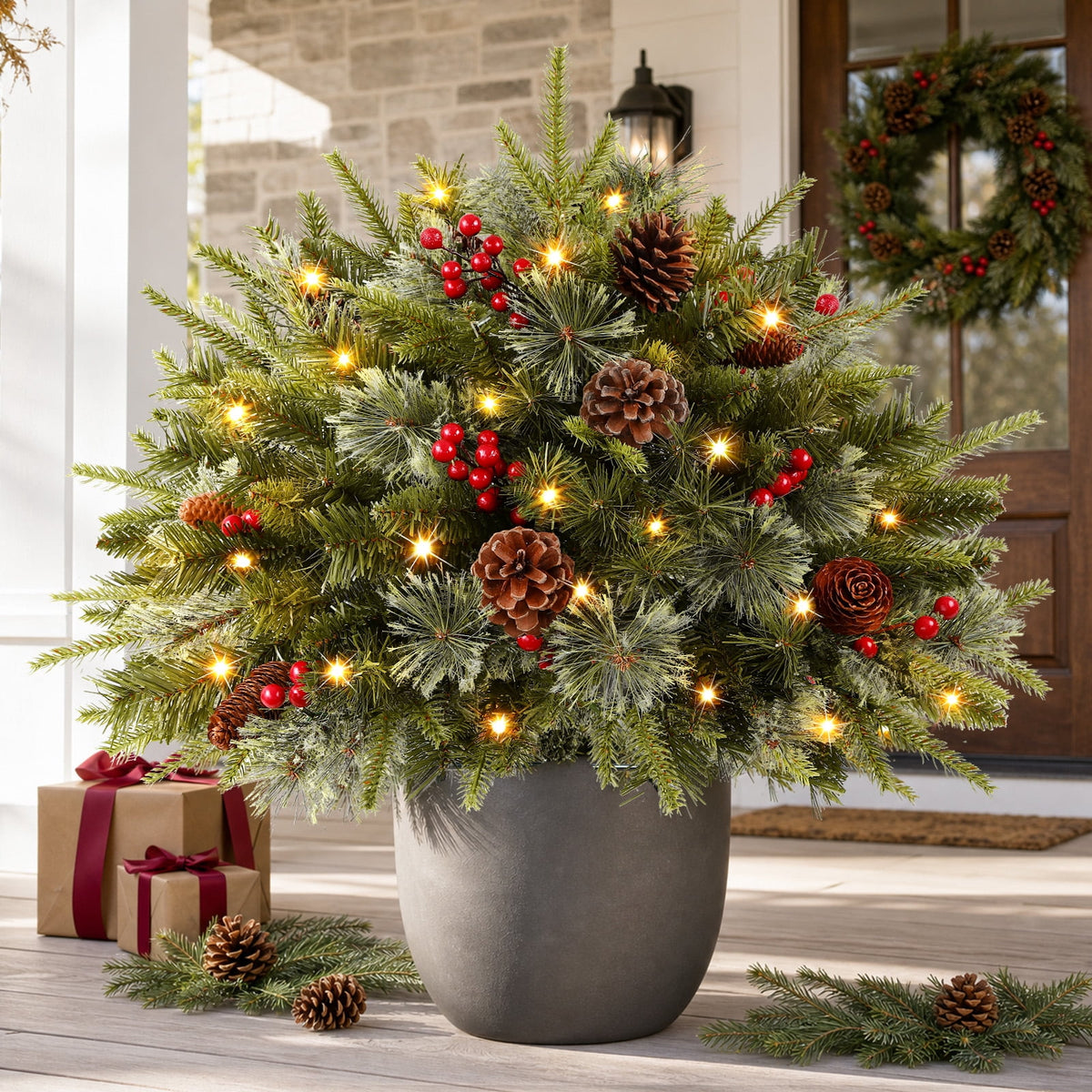 Lolsea Set of 2 18 Inch Pre-lit Outdoor Christmas Tree with Multi-Color Lights, Timer, Battery Operated, Lighted Pathway Urn Filler with Pine Cones