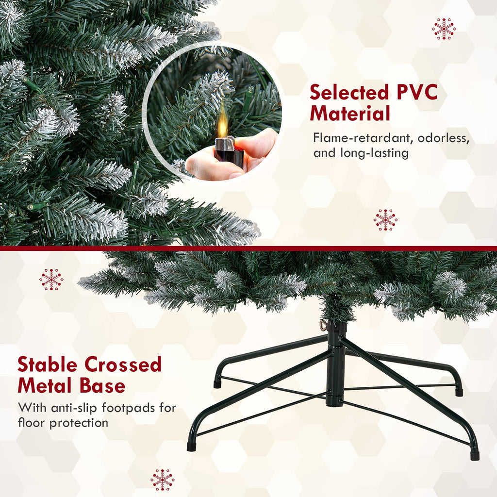 Gymax 9 FT Pre-Lit Artificial Christmas Tree Hinged Slim Pencil Xmas Tree w/ 1298 Snowy Branch Tips