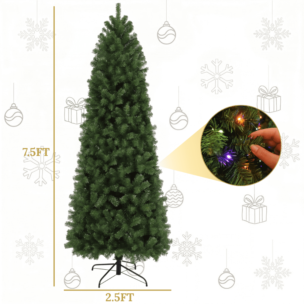 Legooin 7.5FT Pre-lit Artificial Christmas Tree with 1300 Branch Tips + 400 Multicolored Lights, 3-Section Easy Assembly Xmas Tree with Metal Stand for Indoor Outdoor Holiday Decor, Green