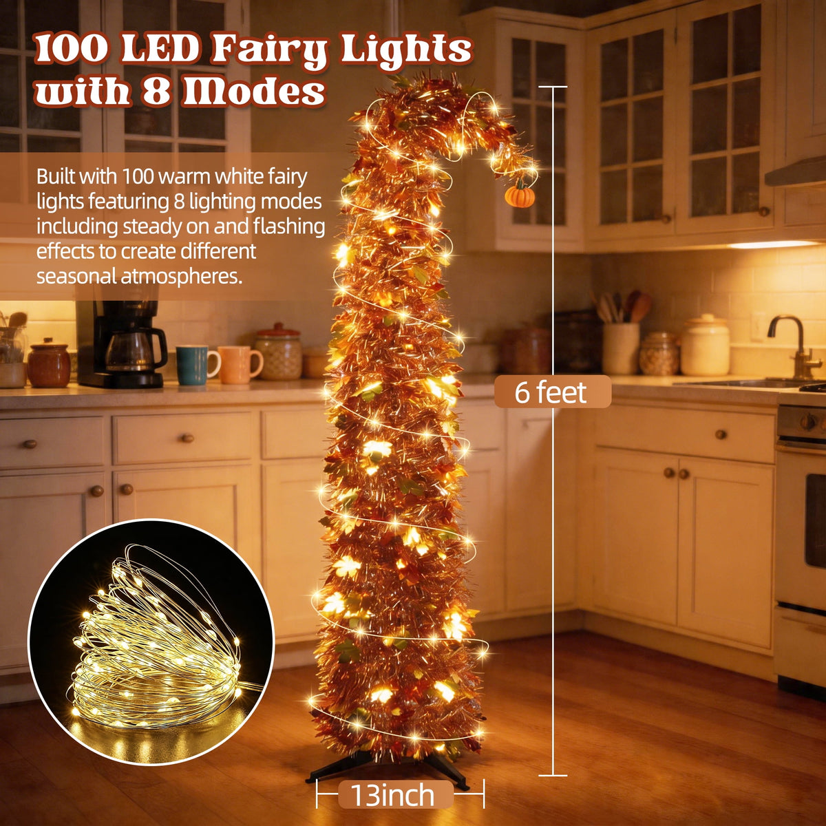 6FT Slim Pop Up Halloween Thanksgiving Tree with Fairy Lights Harvest Tree with Maple Leaves Pumpkins Foldable Collapsible Pencil Fall Tree for Outdoor Porch Patio Deck Living Room Decor
