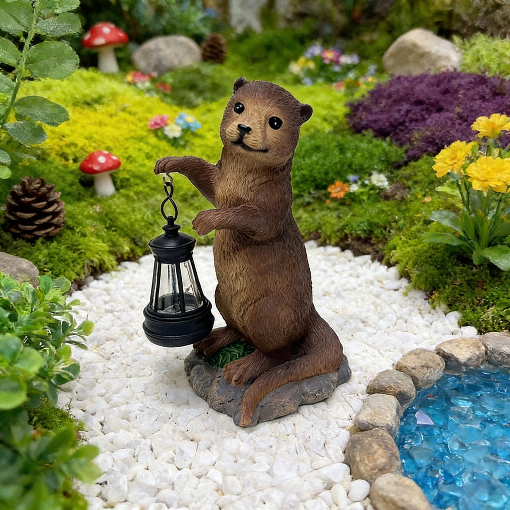Solar Powered Resin Otters Lantern IP44 Waterproof Outdoor Decorative Light Warm Ambient Lighting Auto On/Off Handcrafted Statue for Garden Patio Yard Lawn Pathway Holiday Gift for Plant Lovers