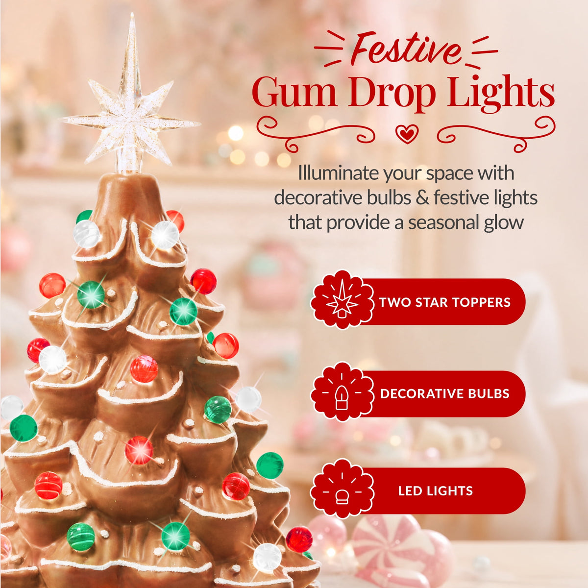 Best Choice Products 15in Ceramic Christmas Tree, Pre-lit Hand-Painted Tabletop Holiday Tree, Gingerbread Red/White/Grn