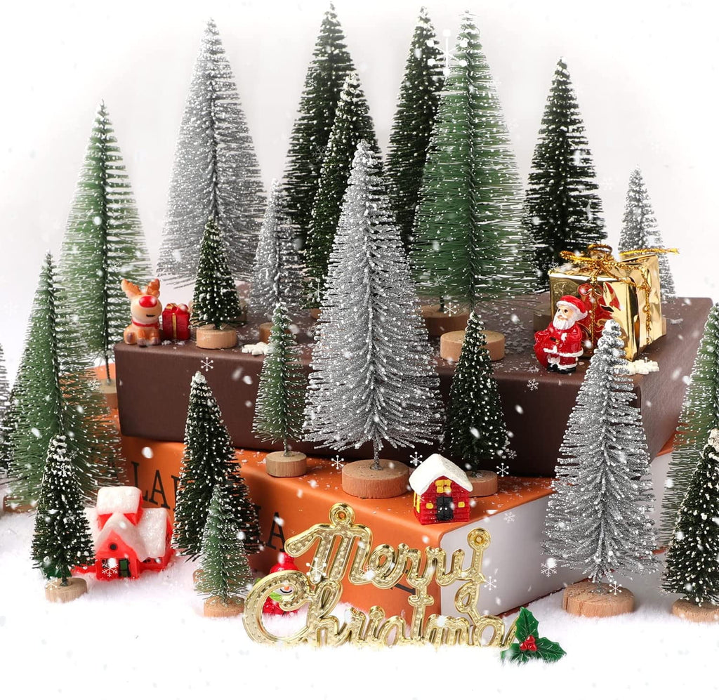 Ayieyill 30PCS Artificial Mini Christmas Trees, Mini Pine Tree Sisal Trees with Wood Base Bottle Brush Trees for Christmas Table Top Decor Winter Crafts Ornaments