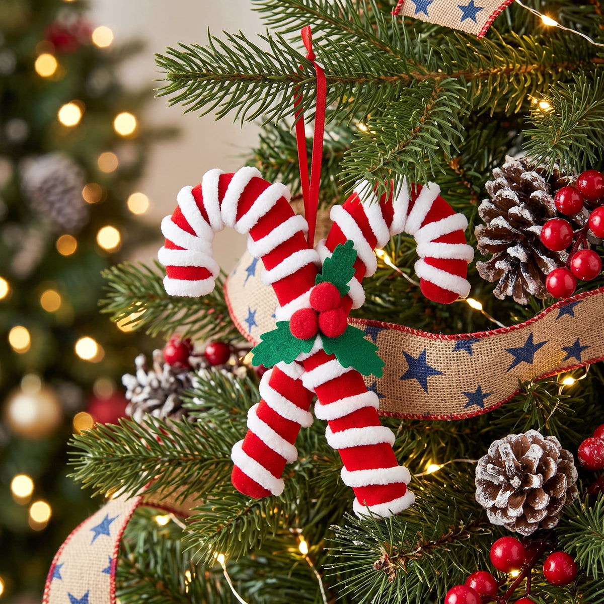 4-Count Red and White Fuzzy Candy Cane Christmas Ornaments, 6.5", by Holiday Time