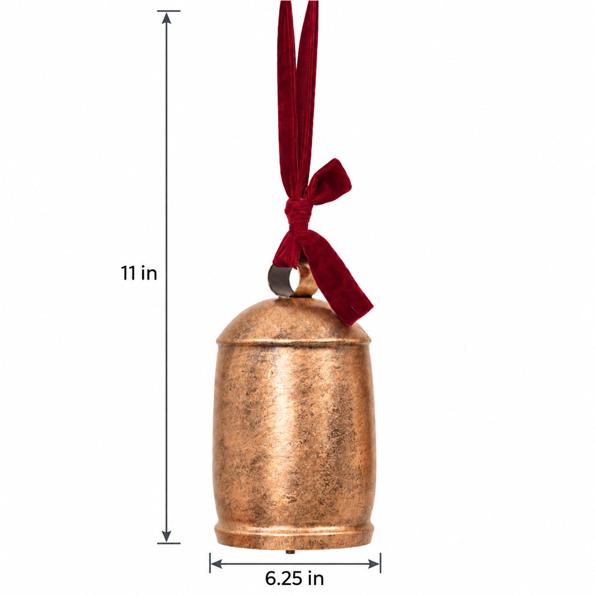 My Texas House Metal Hanging Bell, Antique Gold Finish with Red Velvet Ribbon, 11 inches