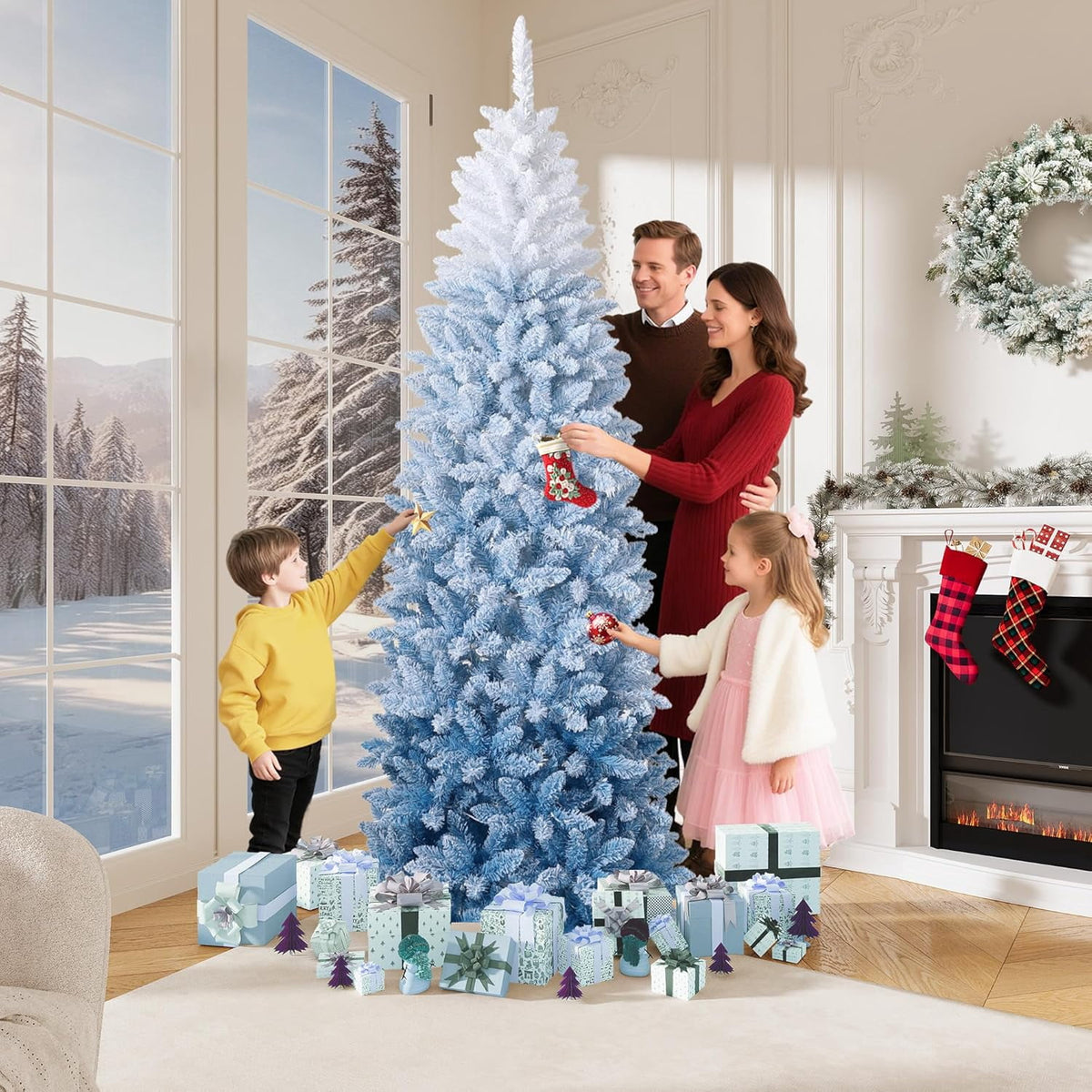6ft Blue Gradient Snow Flocked Pencil Christmas Tree, Slim Artificial Holiday Decor with Sturdy Metal Stand, Flame-Retardant PVC, for Home, Party