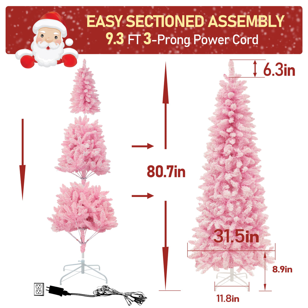 VEIKOUS 6.5ft Pre-lit Pencil Christmas Tree Slim w/250 LED Lights & Metal Stand, Green
