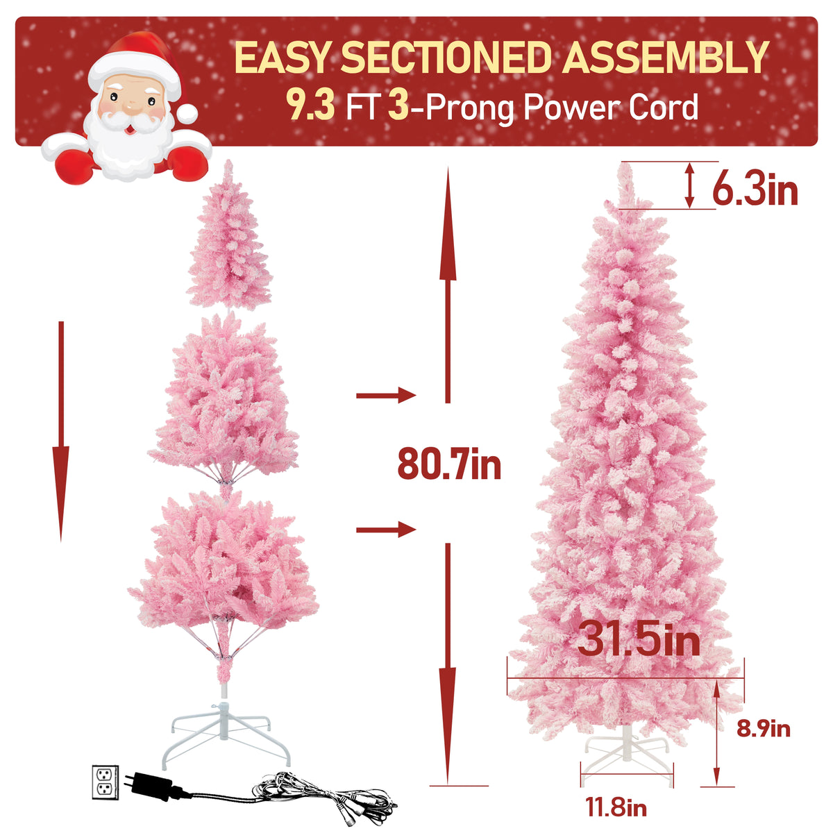 VEIKOUS 6.5ft Pre-lit Pencil Christmas Tree Slim w/250 LED Lights & Metal Stand, Green