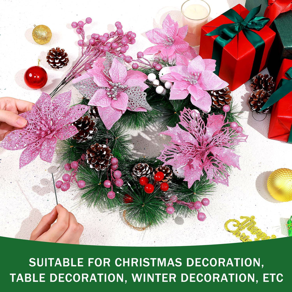 Ayieyill 56Pcs Poinsettia Christmas Flowers Decorations Christmas flower ornaments Artificial Glitter Berry Stems Christmas Pine Cones Christmas Tree Ornaments Set Christmas Tree Decorations (Blue)