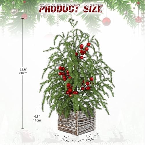 23.6 Inch Farmhouse Faux Cypress Table Tree with Red Berries and Wooden Base