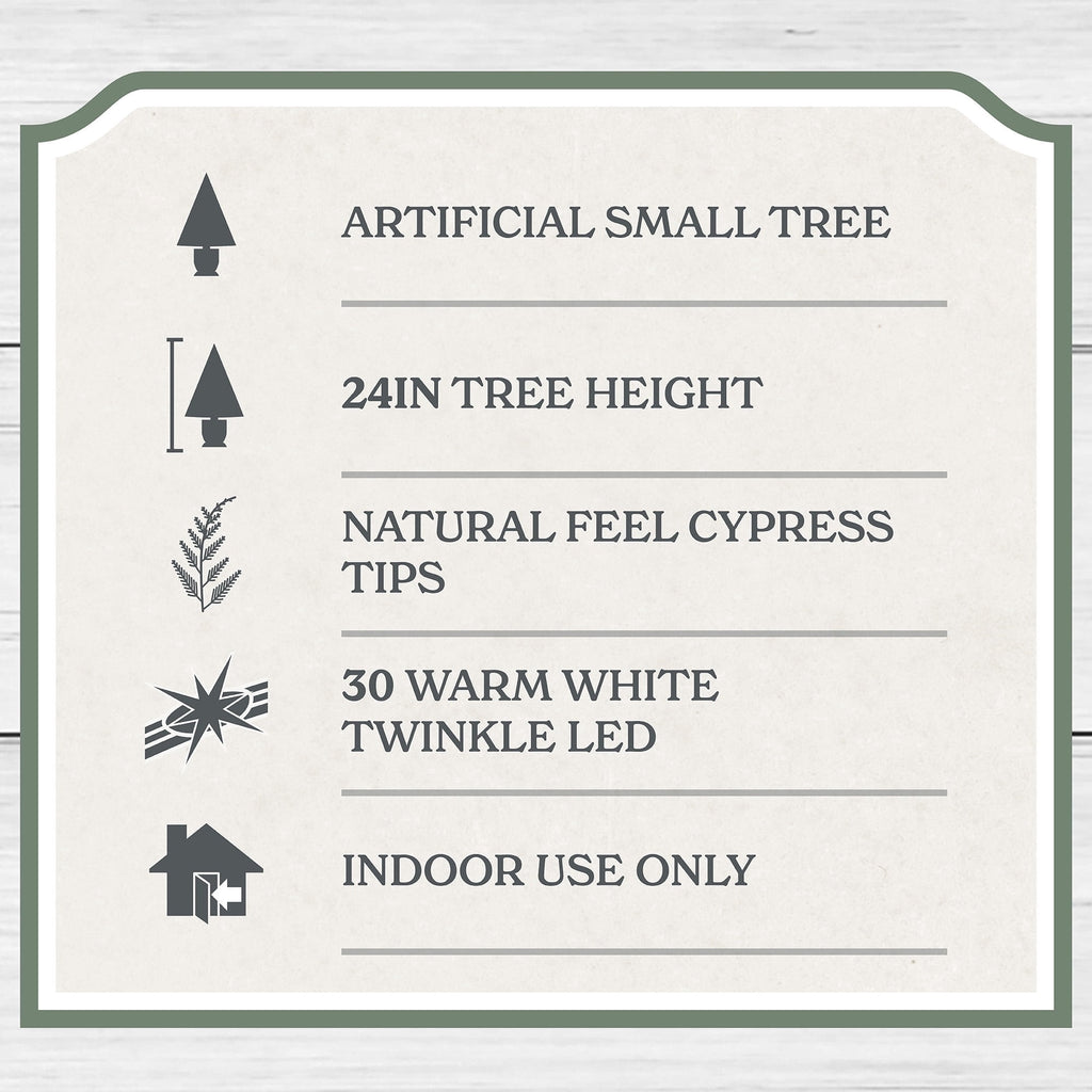 My Texas House 24" Small Pre-Lit Cypress Green Artificial Christmas Tree with 30 Warm White Twinkle LED Lights in Woven Basket