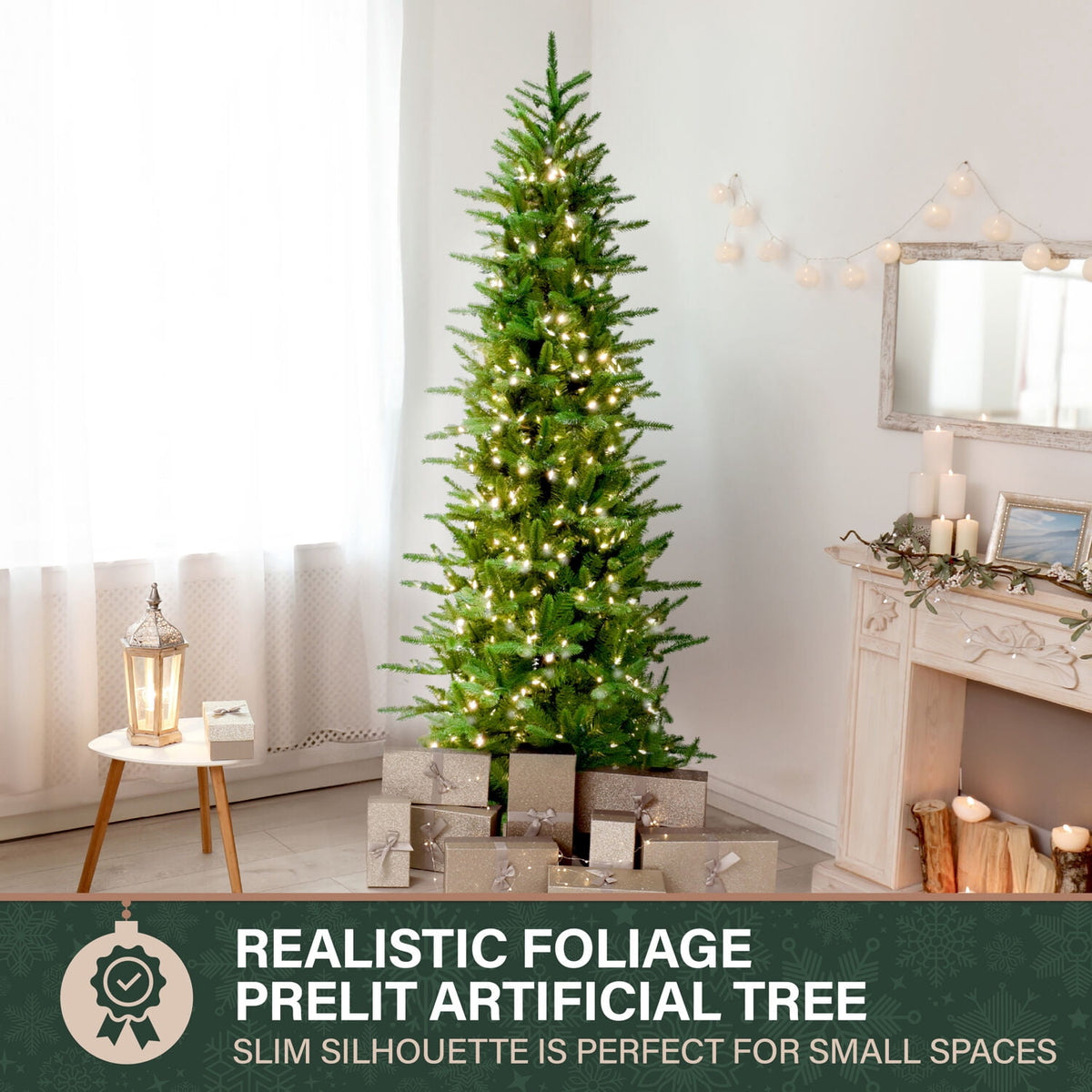 Fraser Hill Farm 6.5-Ft. Carmel Pine Slim Christmas Tree with White Incandescent Smart Lights, FFCP065-3GR