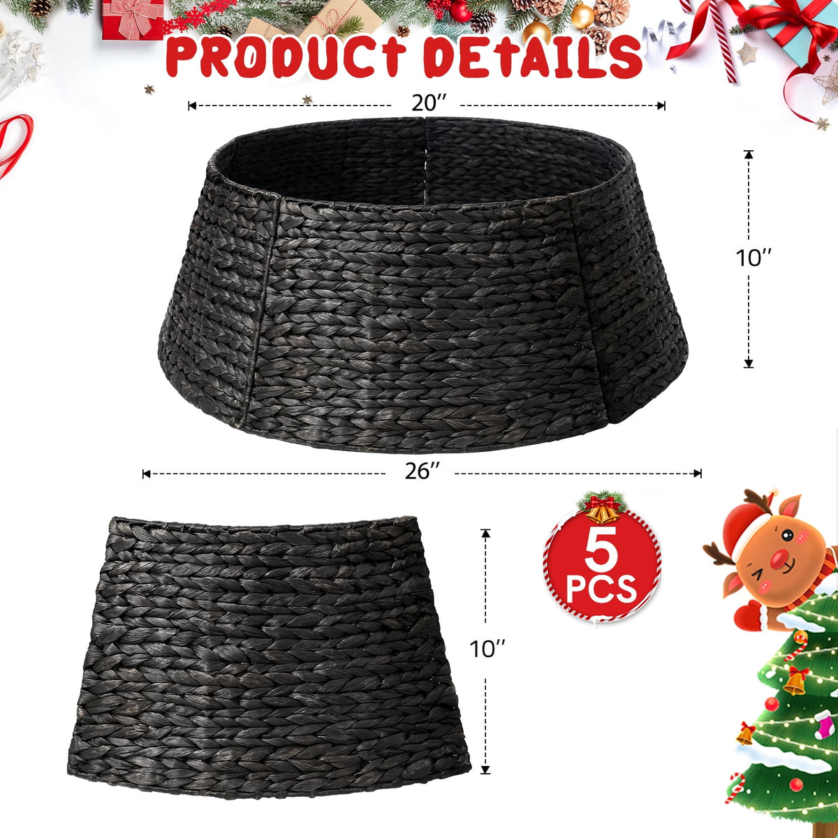 Ayieyill 26in Woven Hyacinth Christmas Tree Collar, Christmas Tree Decorations, Tree Skirt Accessory w/ Cord Cut-Out | Black