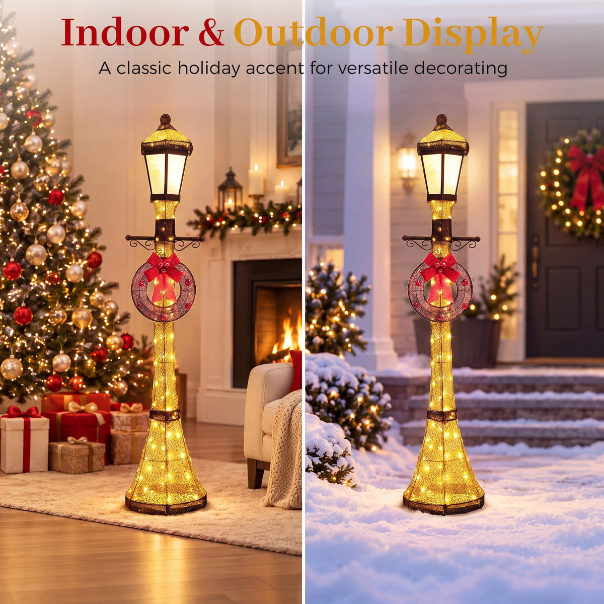 FOOWIN 6FT Christmas Lamppost Set of 2, Outdoor Christmas Lamp Post Decoration with 120 LED Lights, Holiday Porch Lamp Post Decor, Gold