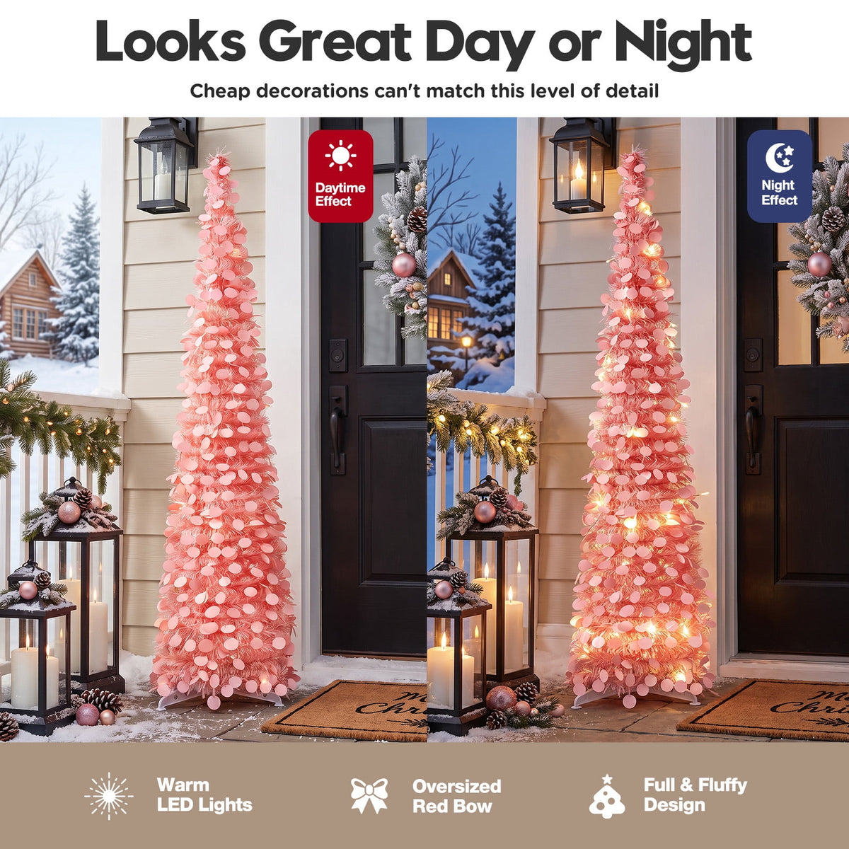 Ayieyill 5ft Pencil Christmas Tree, Collapsible Xmas Tree with Lights, Pop Up Tinsel Tree for Christmas Decorations Indoor, Pink White