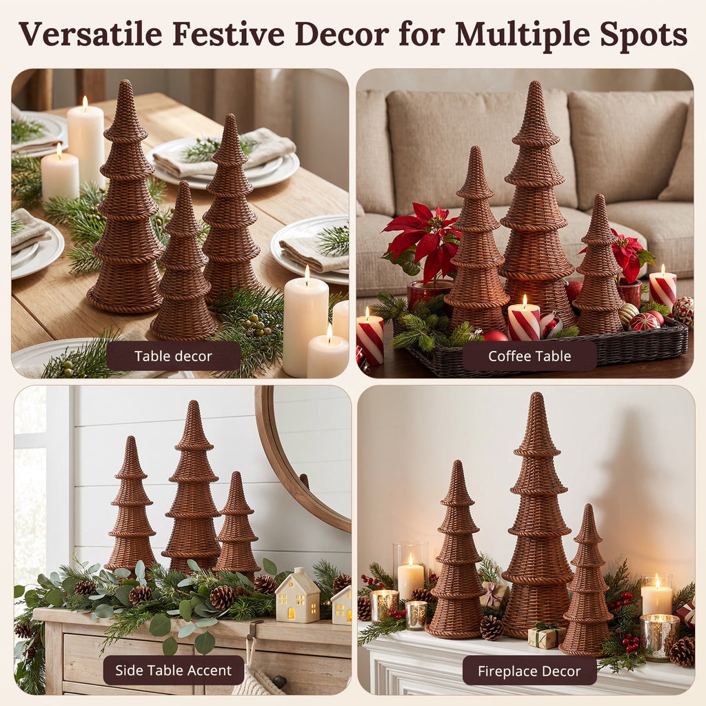 Ayieyill 3 Pcs Woven Christmas Tree Decor Rustic Christmas Tabletop Decor, Farmhouse Table Centerpiece