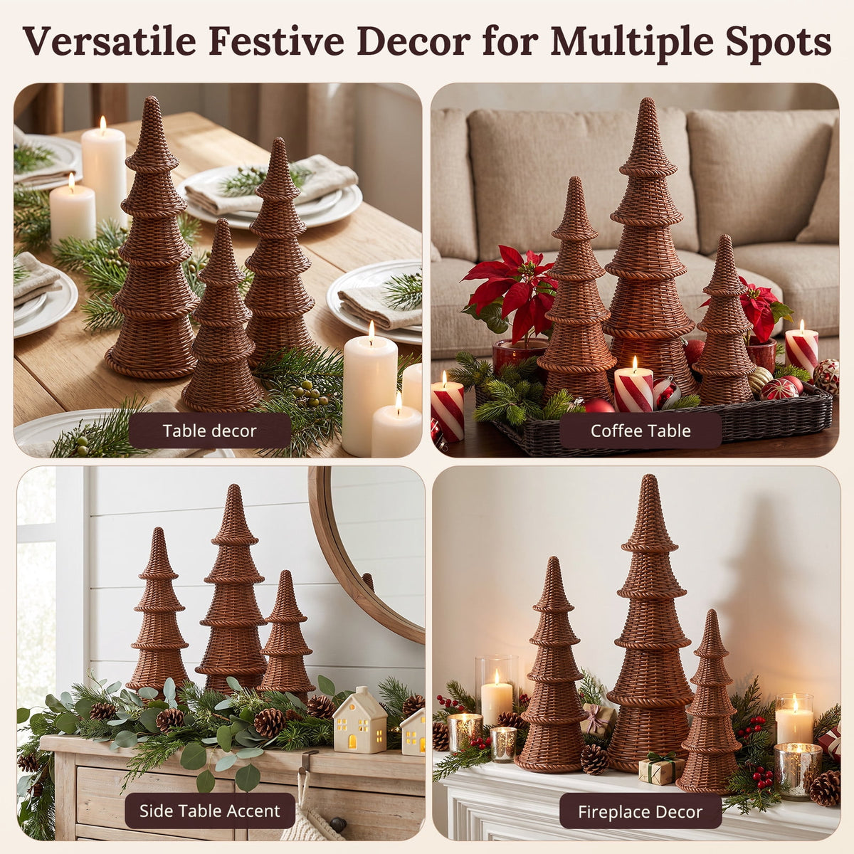 Ayieyill 3 Pcs Woven Christmas Tree Decor Rustic Christmas Tabletop Decor, Farmhouse Table Centerpiece