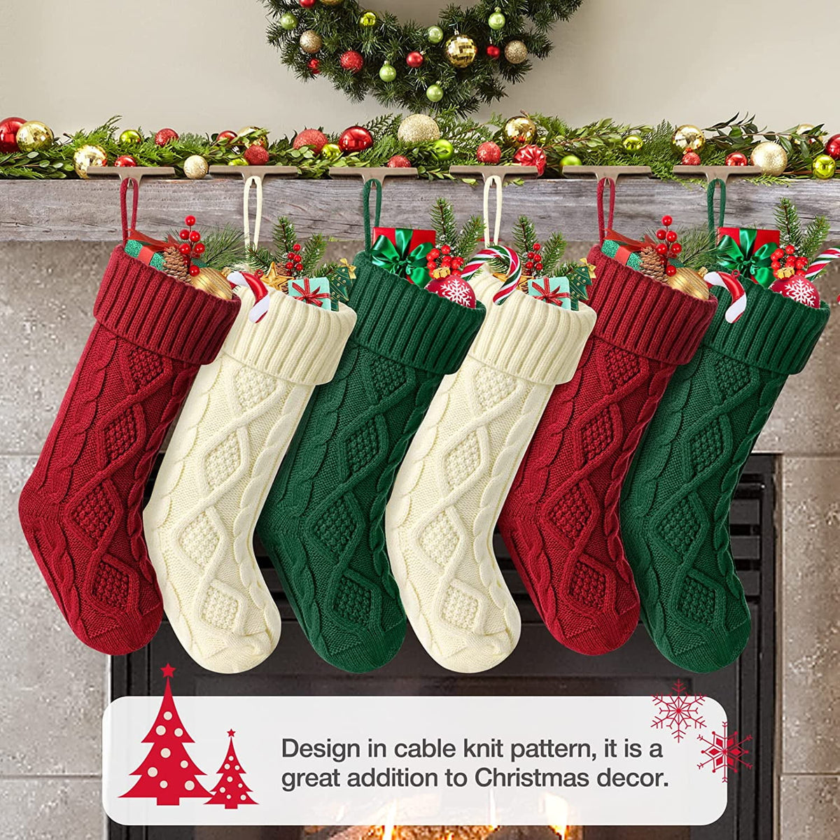 Ayieyill 6pcs Christmas Stockings Large Knitted Xmas Stockings 18 Inches Fireplace Hanging Stockings for Family Holiday Christmas Decoration