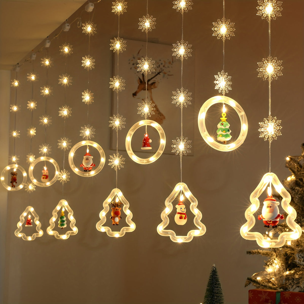 WILLED Christmas String Lights, 120 LED Window Curtain Lights with Christmas Ornaments, 9.8ft USB Powered Warm White Waterproof Fairy Lights Indoor Outdoor for Xmas Tree Patio Garden Party Home Decor