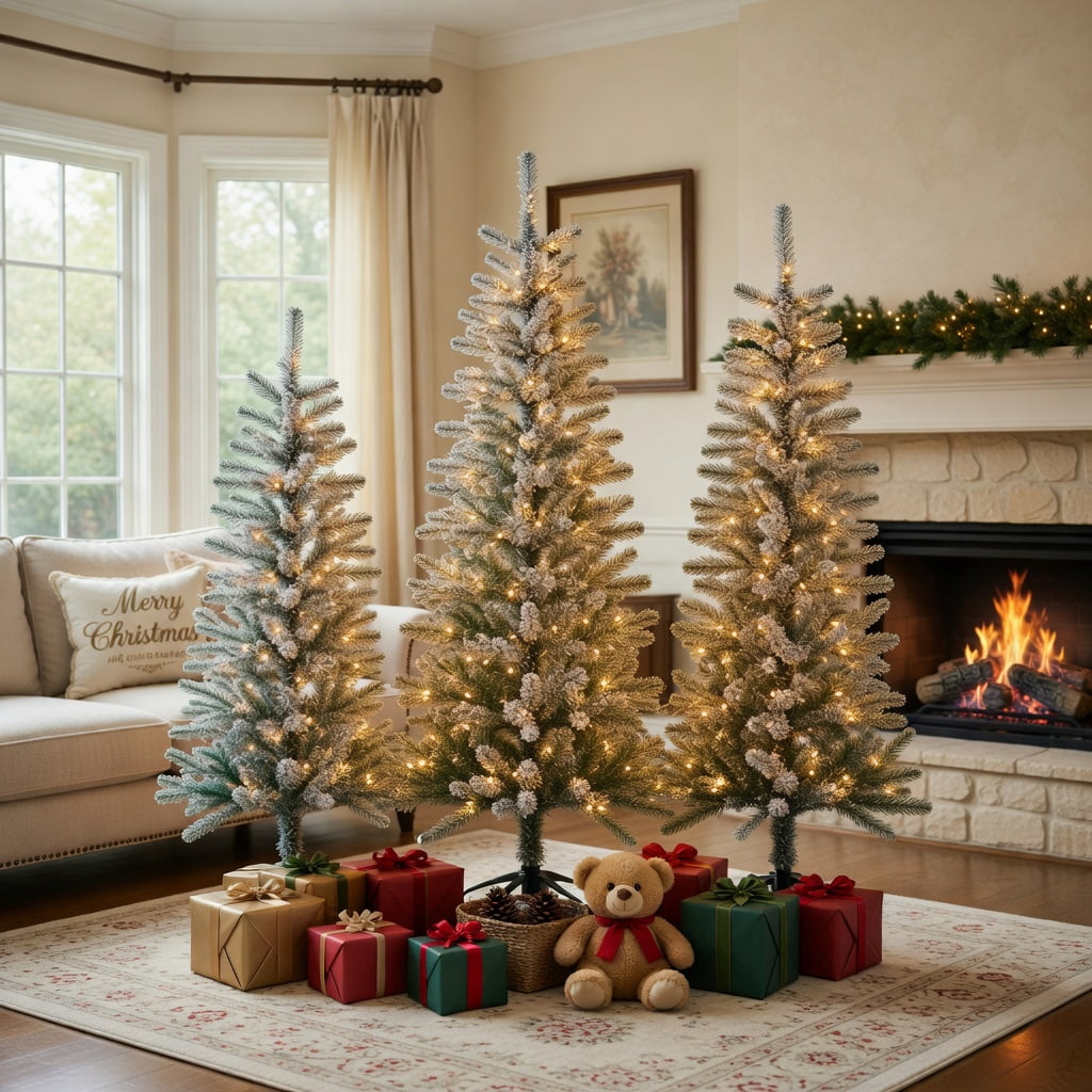 Resenkos 3-Piece Snow Flocked Artificial Christmas Tree Set - LED Lights, Green/White