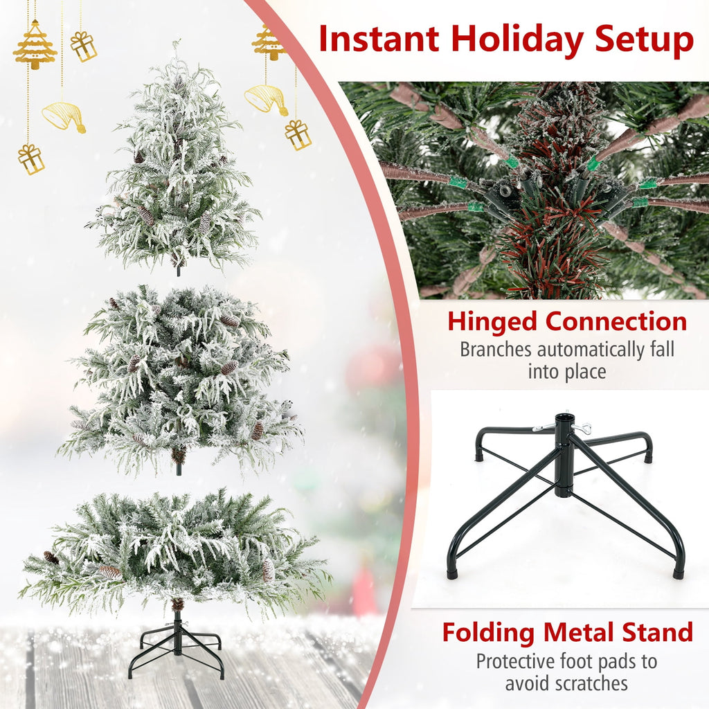 Costway 7 ft Flocked Cypress Christmas Tree with 710 Full PE Branch Tips, 350 LED Lights Sparse-Style White