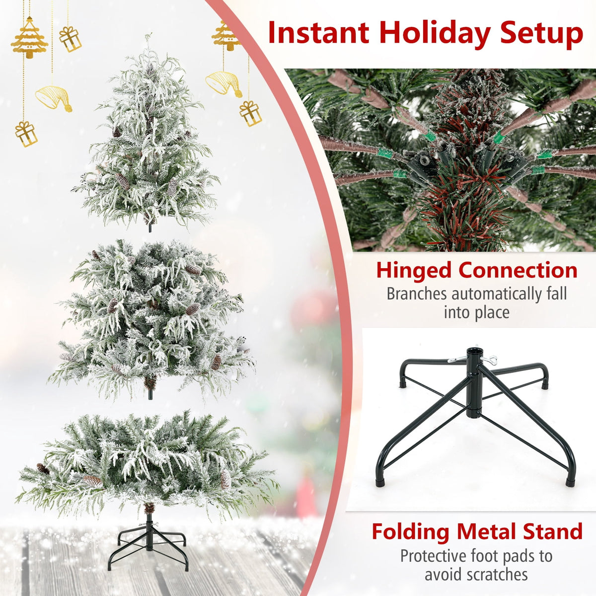Costway 7 ft Flocked Cypress Christmas Tree with 710 Full PE Branch Tips, 350 LED Lights Sparse-Style White