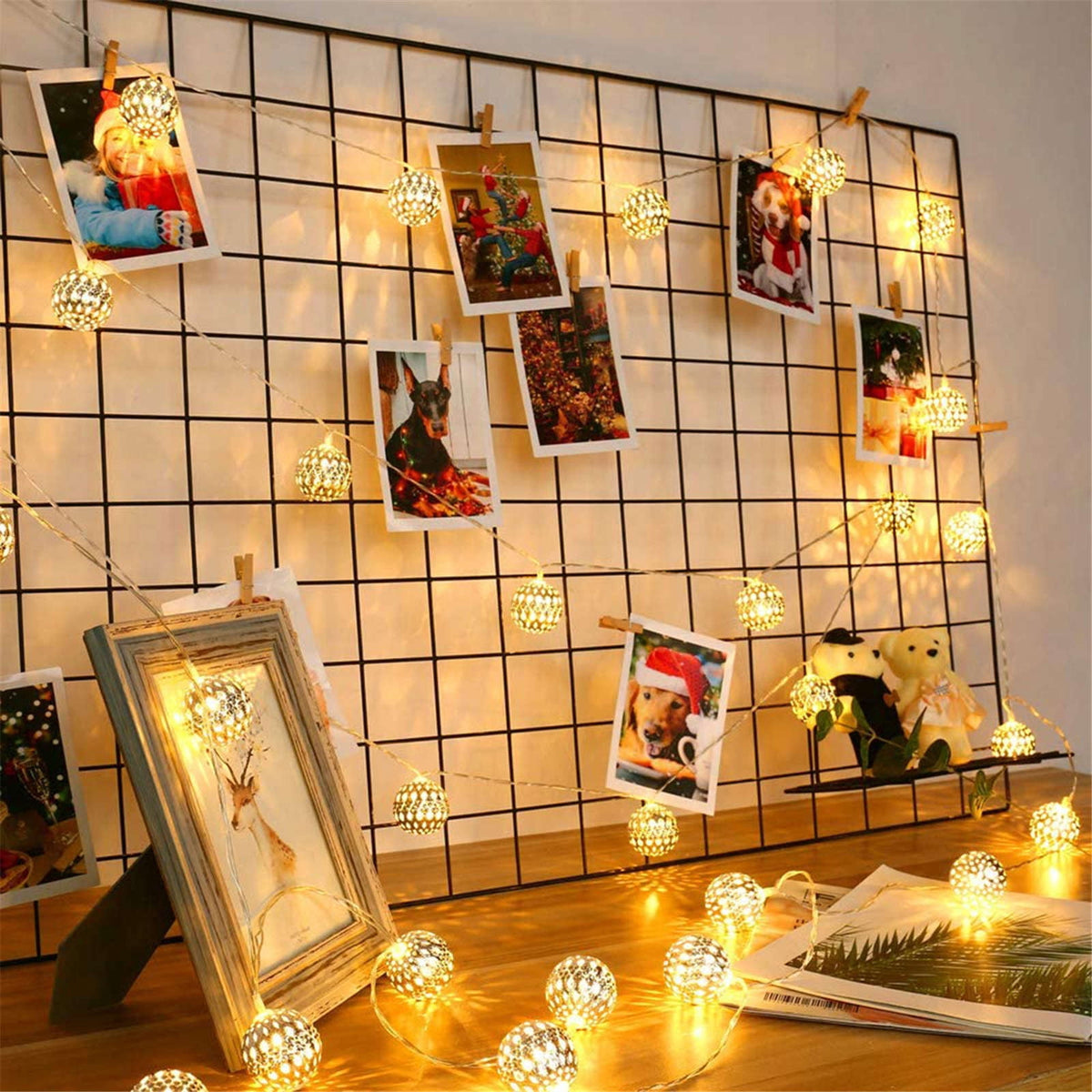 Moroccan Hollow Metal Ball LED String Light Metallic Fairy Globe Decor Lamp Home Room Aesthetic Living Room Bedside Cozy Modern Minimalist Nightlight Gift Trendy Housewarming 300cm,1PC