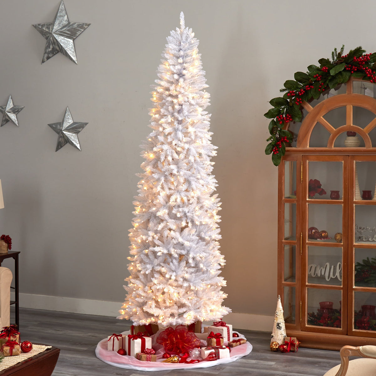 Nearly Natural 3' White Slim Artificial Christmas Tree Prelit 50 Warm White LED Lights