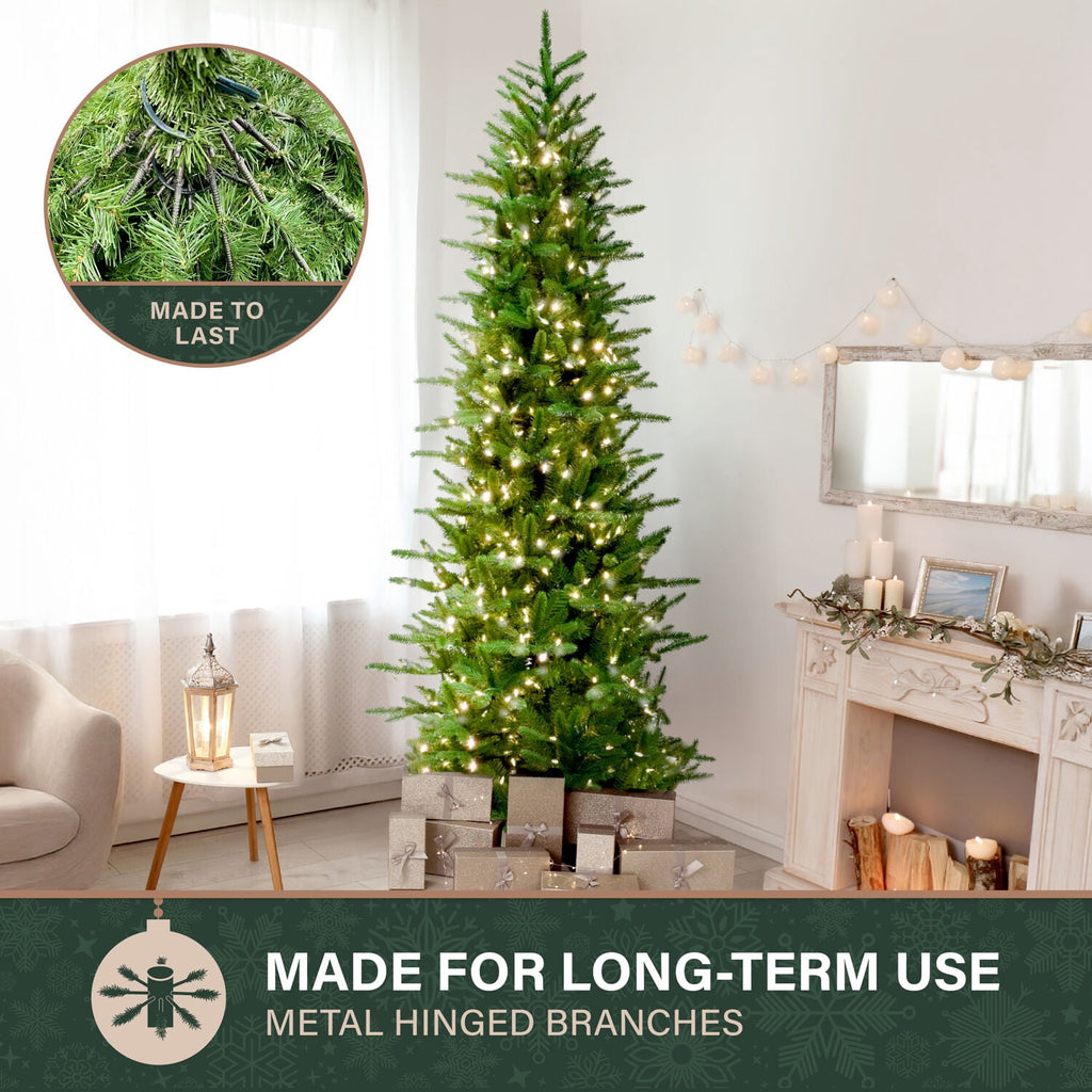 Fraser Hill Farm 6.5-Ft. Carmel Pine Slim Christmas Tree with White Incandescent Smart Lights, FFCP065-3GR