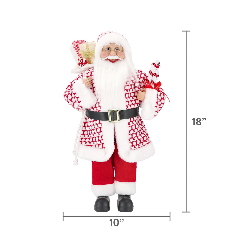 Santa with Glasses, Candy Cane and Gift Sack Christmas Decoration, Red and White, 18", by Holiday Time