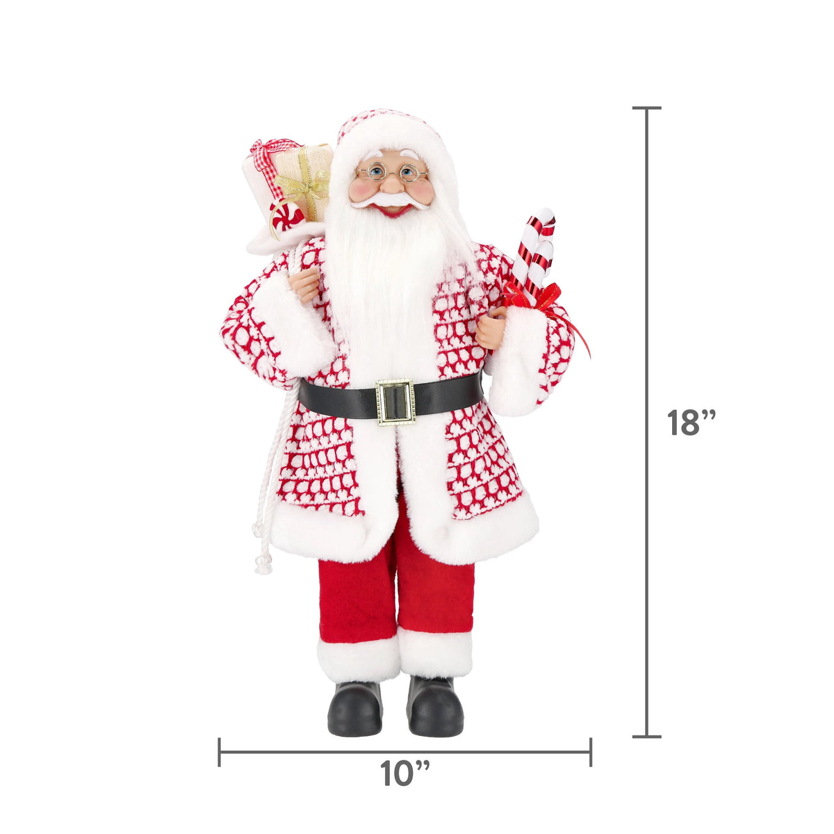 Santa with Glasses, Candy Cane and Gift Sack Christmas Decoration, Red and White, 18", by Holiday Time