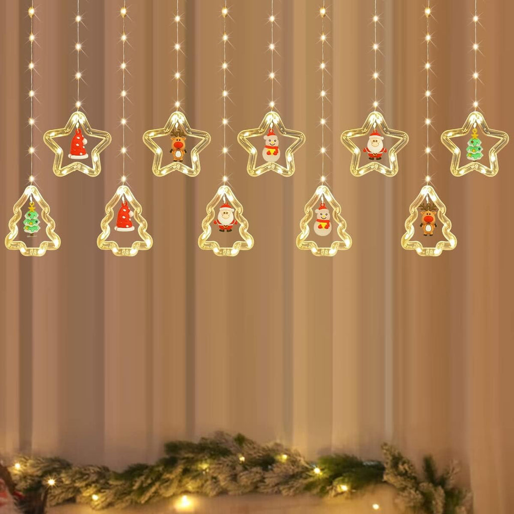 WILLED Christmas String Lights, 120 LED Window Curtain Lights with Christmas Ornaments, 9.8ft USB Powered Warm White Waterproof Fairy Lights Indoor Outdoor for Xmas Tree Patio Garden Party Home Decor