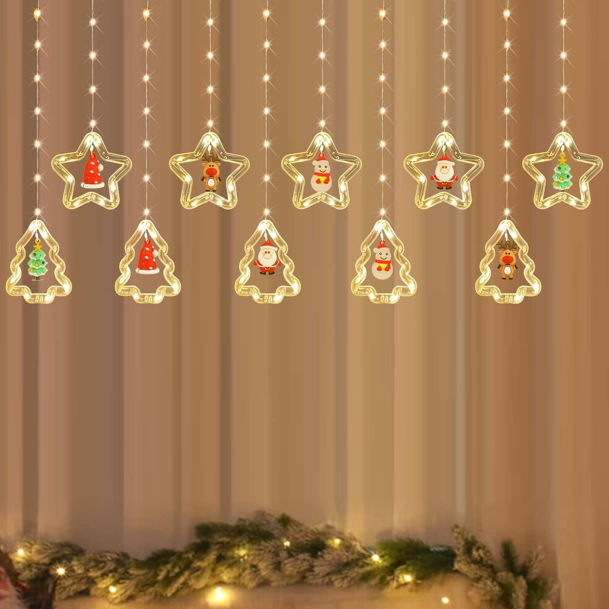 WILLED Christmas String Lights, 120 LED Window Curtain Lights with Christmas Ornaments, 9.8ft USB Powered Warm White Waterproof Fairy Lights Indoor Outdoor for Xmas Tree Patio Garden Party Home Decor