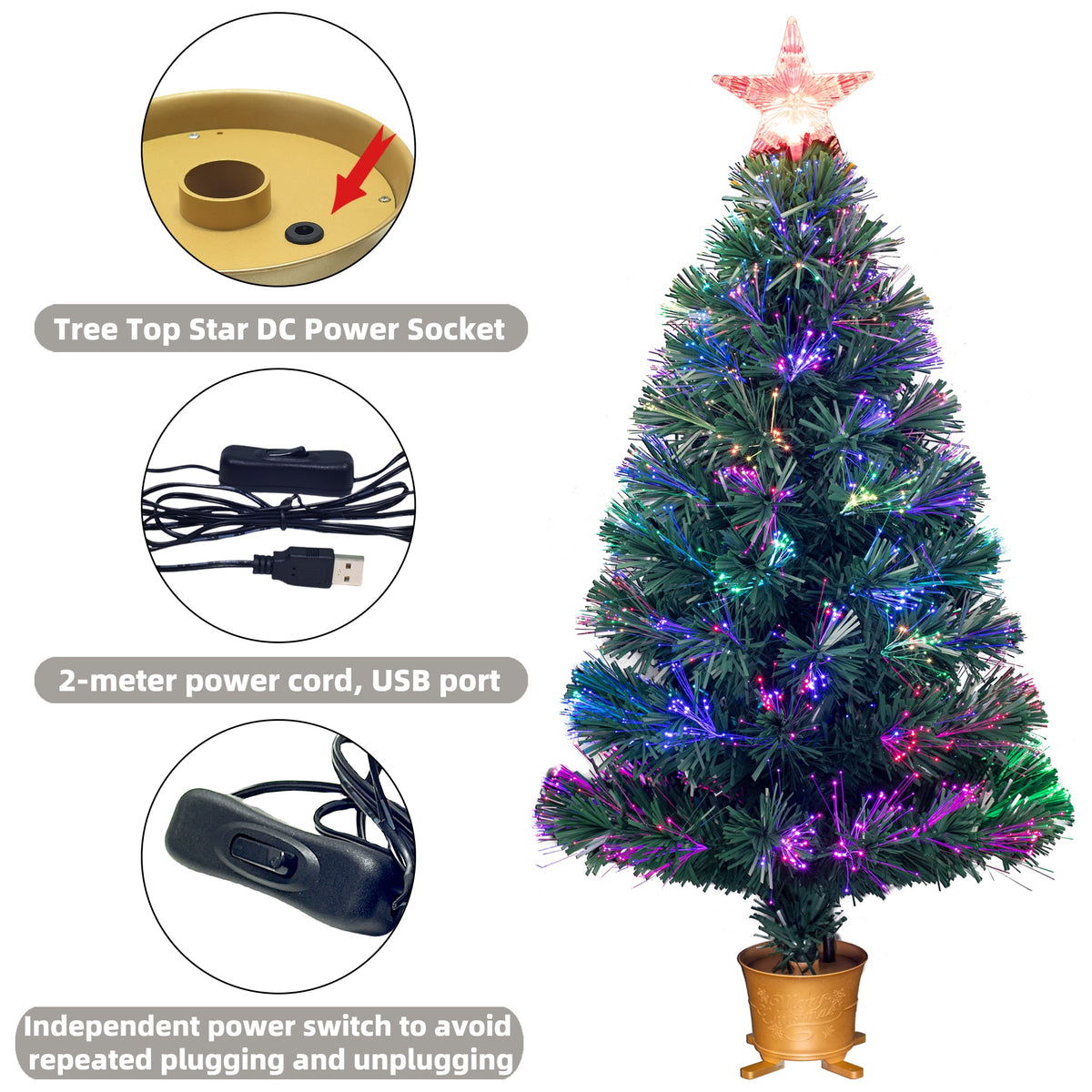YUETJIN 3ft Pre-lit Mini Fiber Optic Tabletop Artificial Christmas Tree，Small Xmas Trees with Stars Decorations-transparent