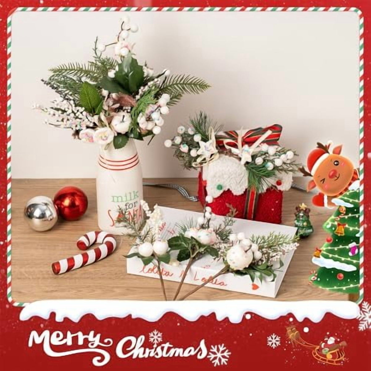 Crafare12 Pack Artificial Christmas Tree Picks Assorted Candy Pine Picks Spray with Pinecones Apples Holly Leaves Winter Holiday Season Decoration