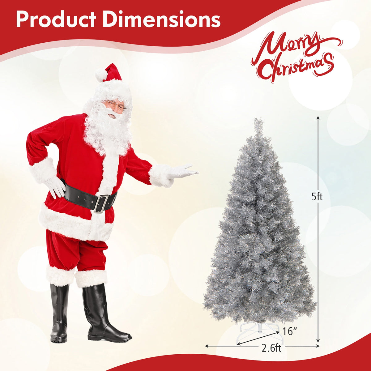 Gymax 7 FT Pre-Lit Artificial Christmas Tree Silver Tinsel Hinged Xmas Tree