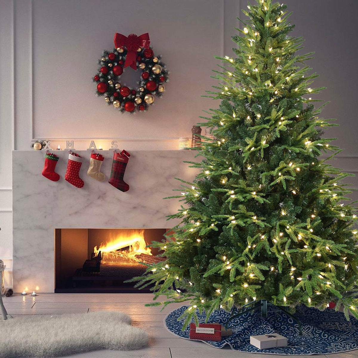 Artificial 6.5ft Green Christmas Tree with 2225 PE/PVC Mixed Branch Tips, 450L warm white led, Steel wire, Hinged Premium & Foldable Base for Indoor Holiday Decorating