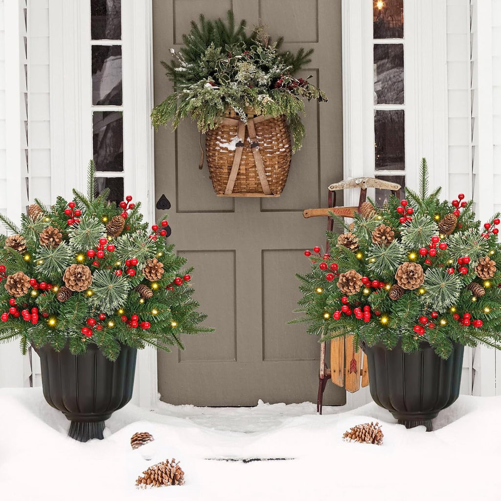 Ikfashoni 2 Pack Christmas Urn Filler, Pre-lit Outdoor Christmas Tree with Remote, Artificial Christmas Porch Pathway Decoration