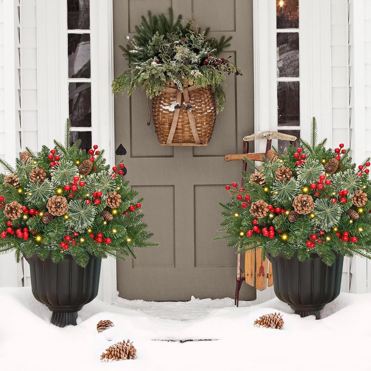 Ikfashoni 2 Pack Christmas Urn Filler, Pre-lit Outdoor Christmas Tree with Remote, Artificial Christmas Porch Pathway Decoration
