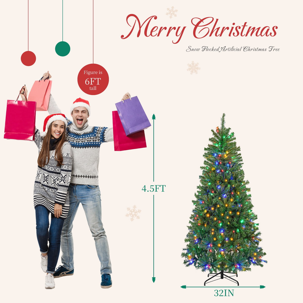 CONCETTA 6FT Pre-Lit Artificial Spruce Christmas Tree with Multicolor LED Lights, Realistic Indoor Home Holiday Decoration