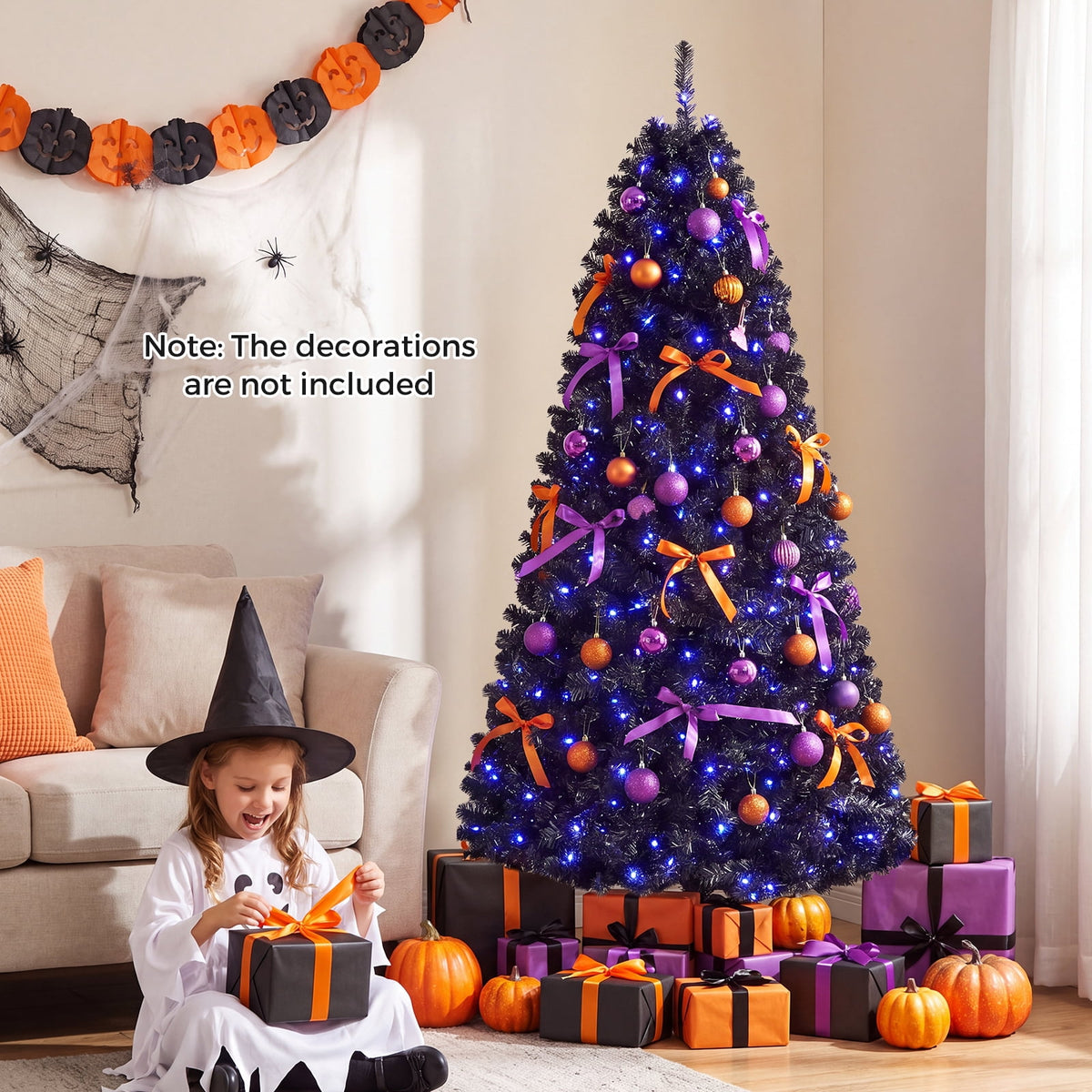 Gymax 6 FT Pre-Lit Black Halloween Christmas Tree Full Artificial Hinged Tree
