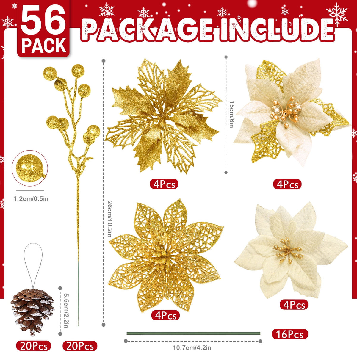 Ayieyill 56Pcs Poinsettia Christmas Flowers Decorations Christmas flower ornaments Artificial Glitter Berry Stems Christmas Pine Cones Christmas Tree Ornaments Set Christmas Tree Decorations (Blue)