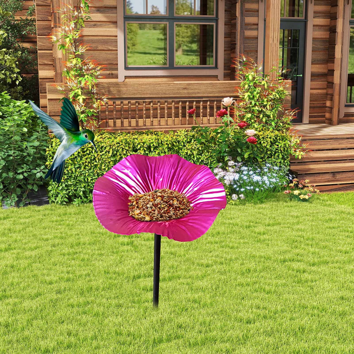 SLYNSHome Hummingbird Baths for outdoors Flowers Shaped Bird Bath Garden Decoration Hummingbird Feeders With Metal Stake for Yard Patio Outside (Hot Pink)