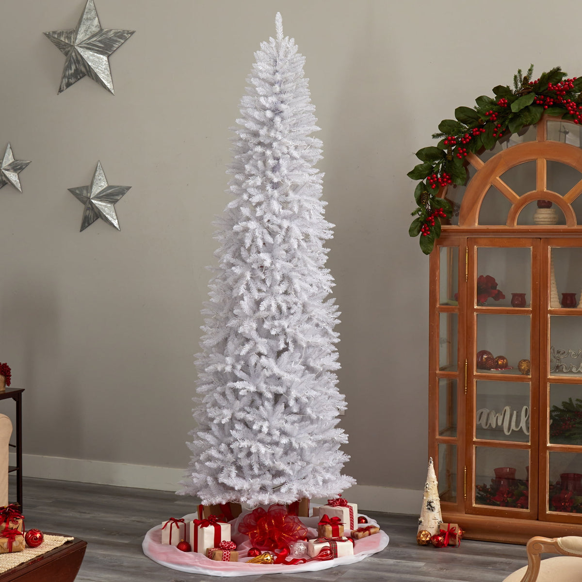 Nearly Natural 3' White Slim Artificial Christmas Tree Prelit 50 Warm White LED Lights